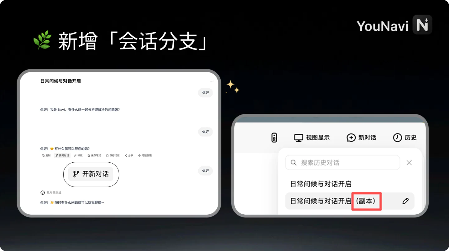 YouNavi 支持从历史消息开启新的会话分支